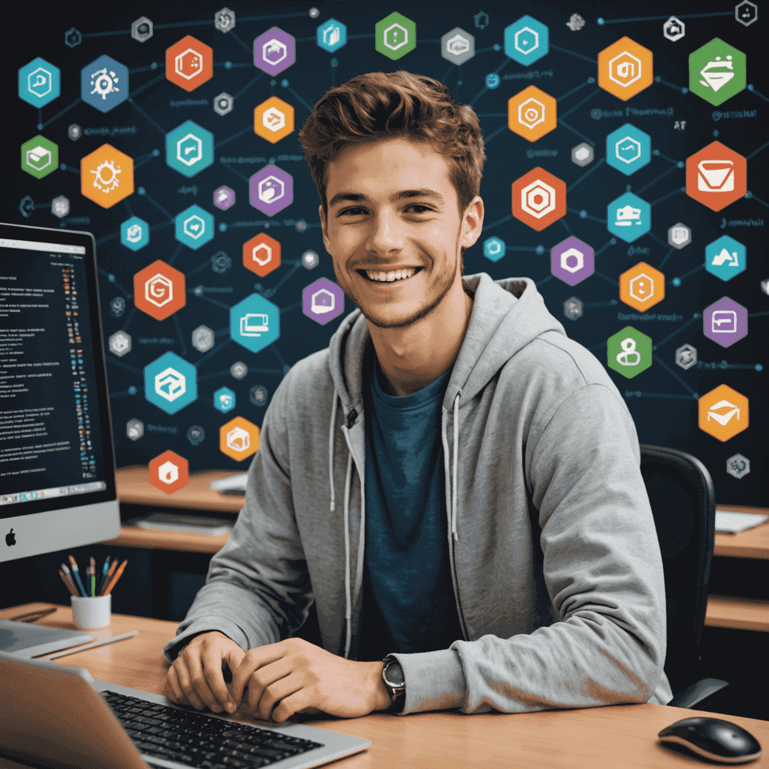 Estudiante sonriente frente a una computadora, rodeado de iconos de lenguajes de programación y símbolos de tecnología