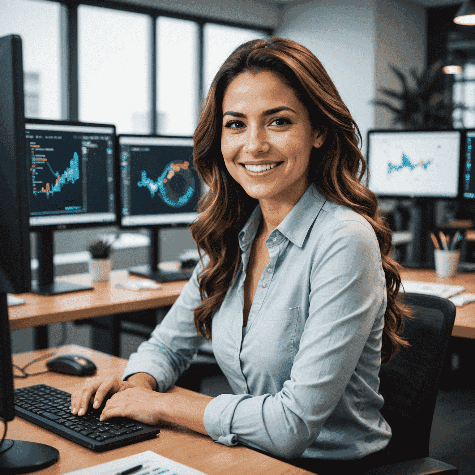 María García, desarrolladora web sonriente, sentada frente a su computadora en una oficina moderna