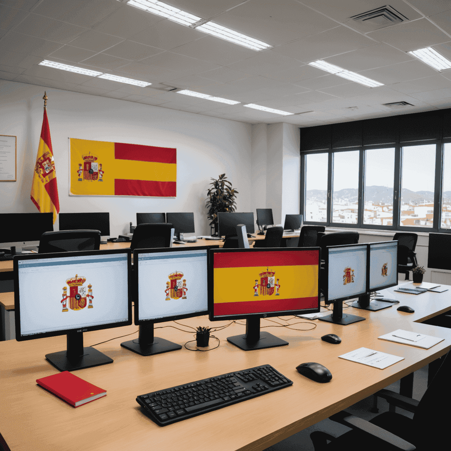 Imagen que muestra una vista de una oficina moderna en España con computadoras y la bandera española, representando oportunidades de trabajo en TI en el país.