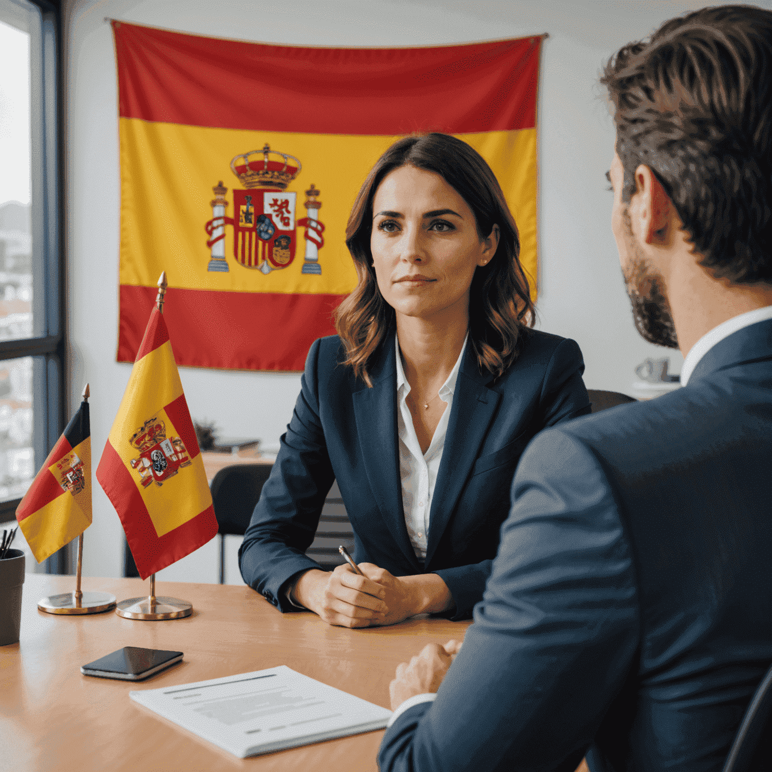 Imagen que muestra una persona en una entrevista de trabajo en una oficina moderna con la bandera española en el fondo