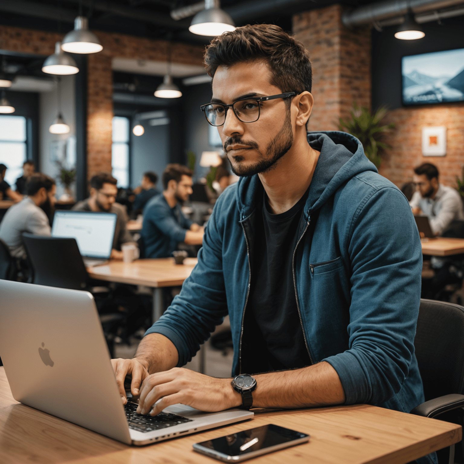 Carlos Rodríguez, ingeniero de software, trabajando en un proyecto en su laptop en un espacio de coworking