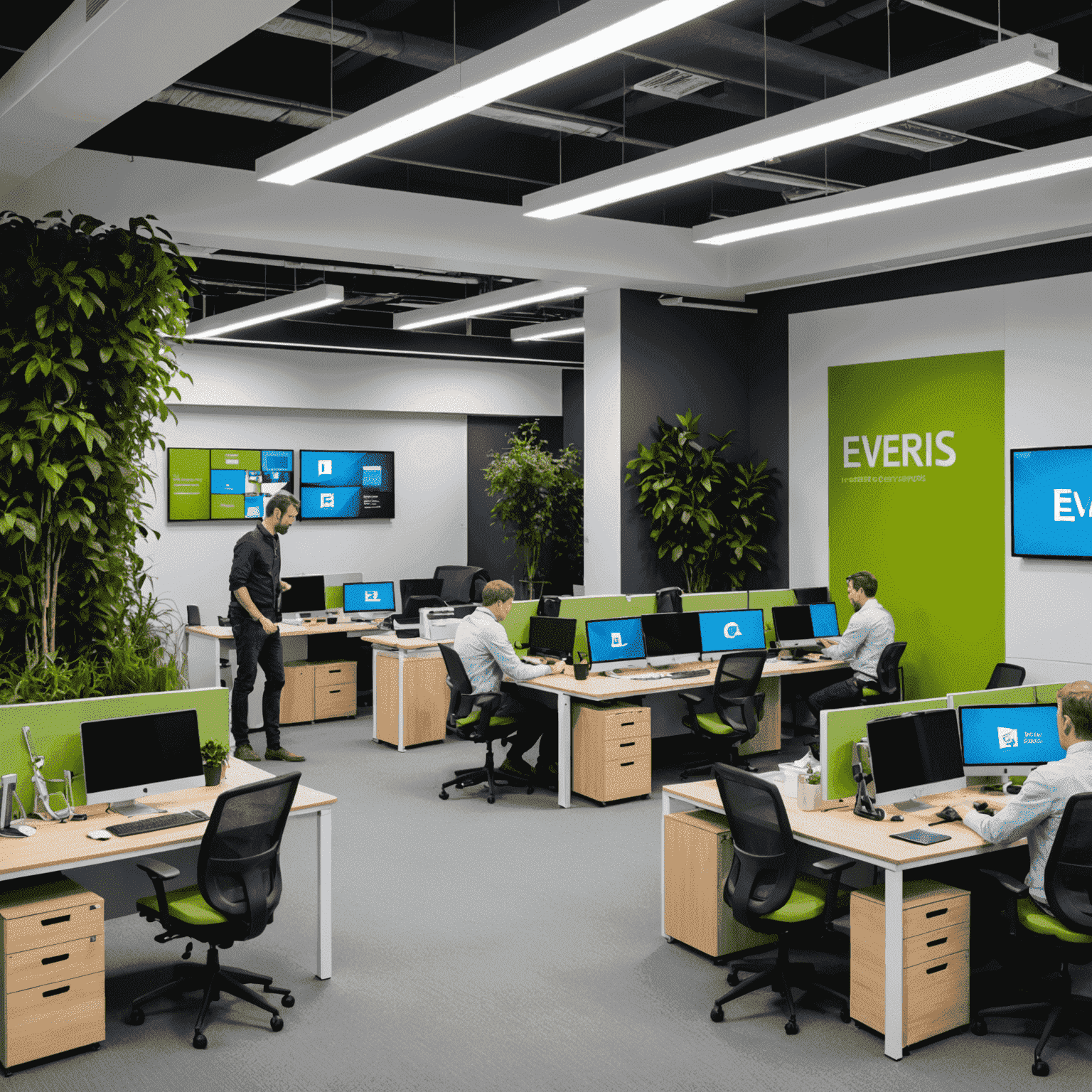 Sala de innovación de Everis con empleados trabajando en proyectos de alta tecnología